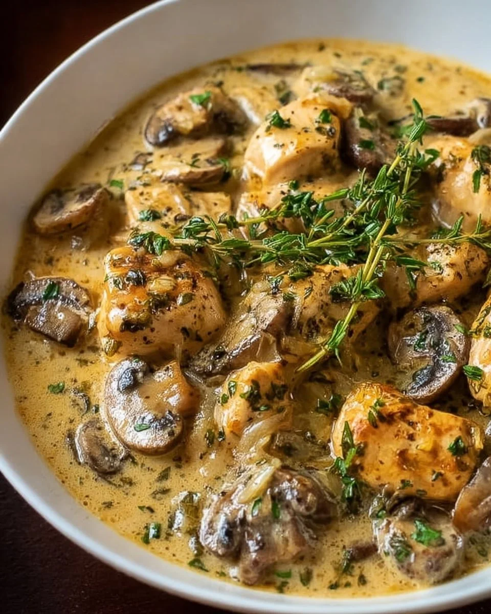 Bowl of creamy mushroom herb chicken soup garnished with fresh herbs
