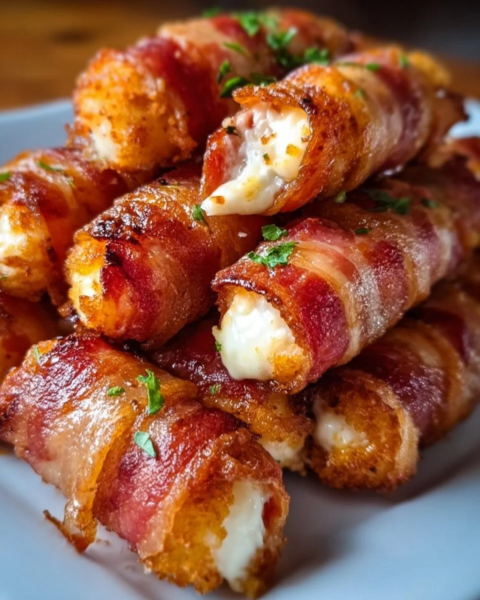 Bacon-wrapped mozzarella sticks served on a plate with dipping sauce