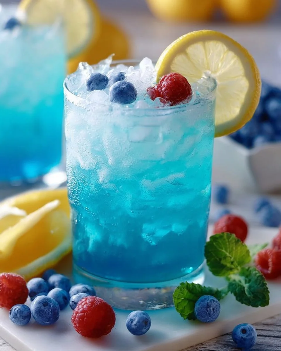 A refreshing glass of blue raspberry lemonade with ice and fresh lemon slices.