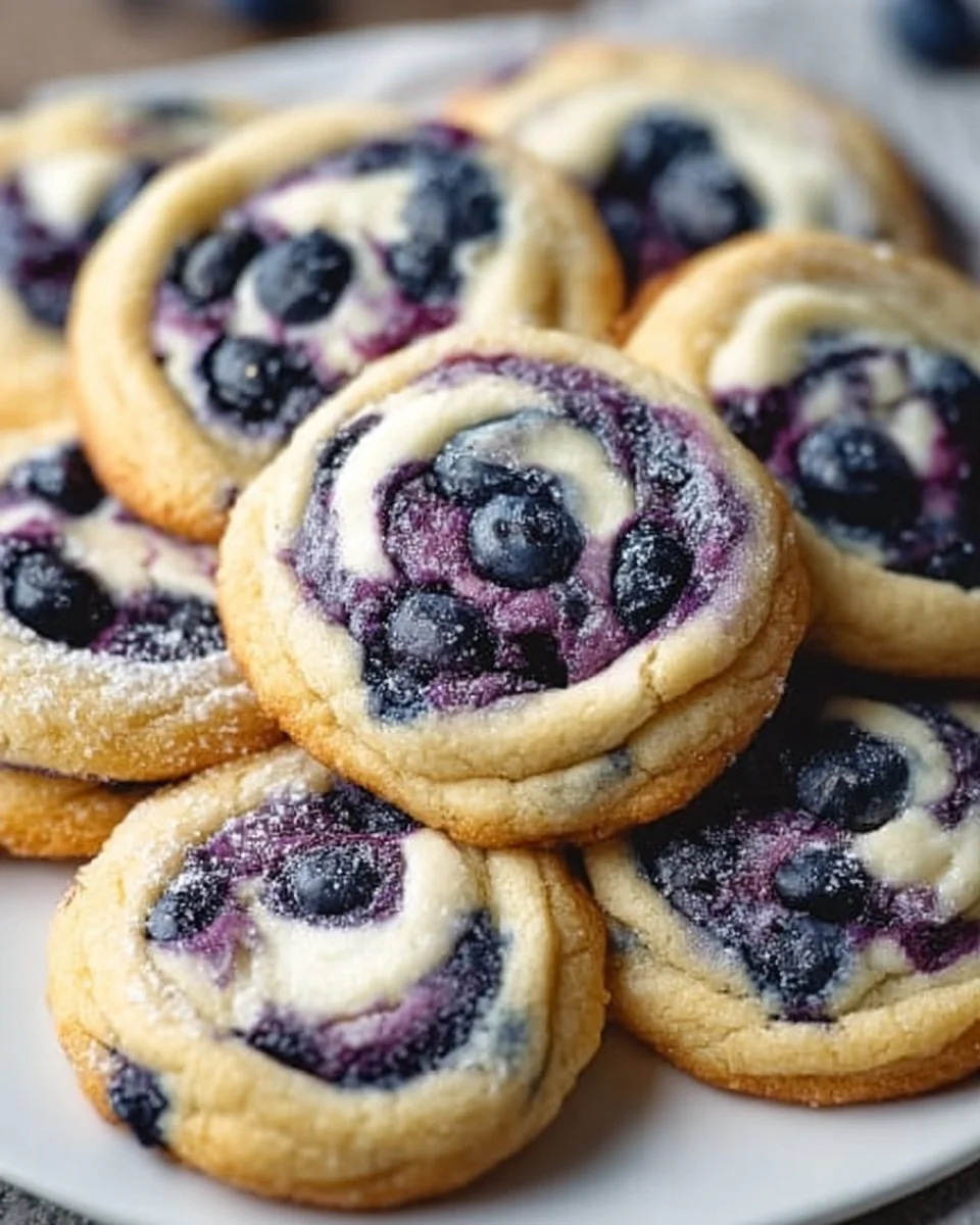 Blueberry cheesecake cookies topped with fresh blueberries and creamy frosting