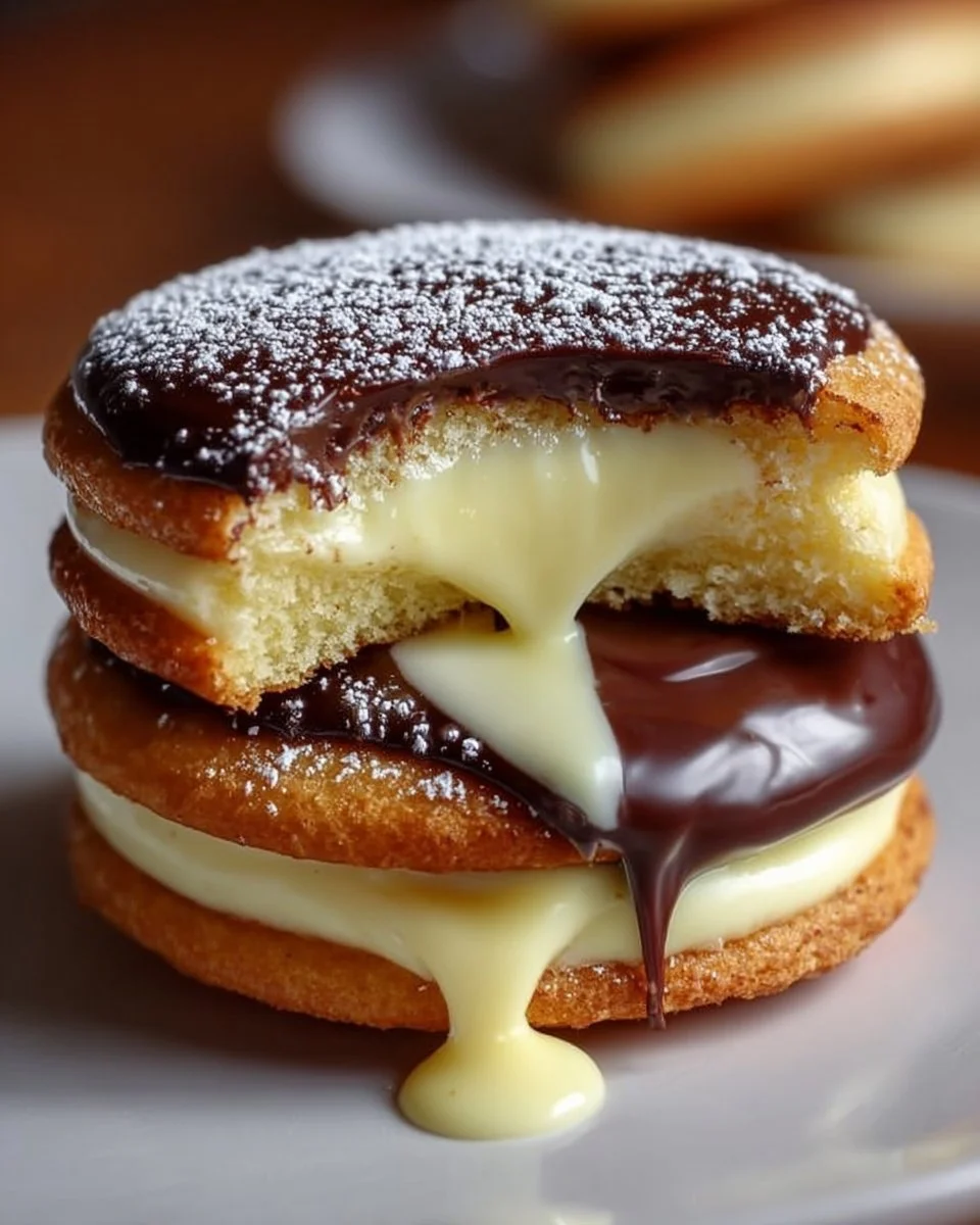 Delicious Boston Cream Pie Cookies with chocolate and cream filling.