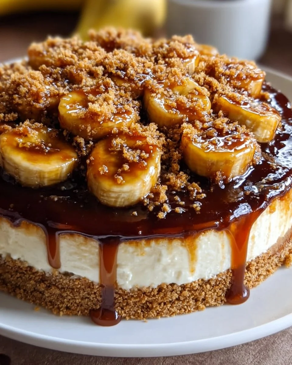 Caramelized banana cheesecake topped with a rich rum glaze