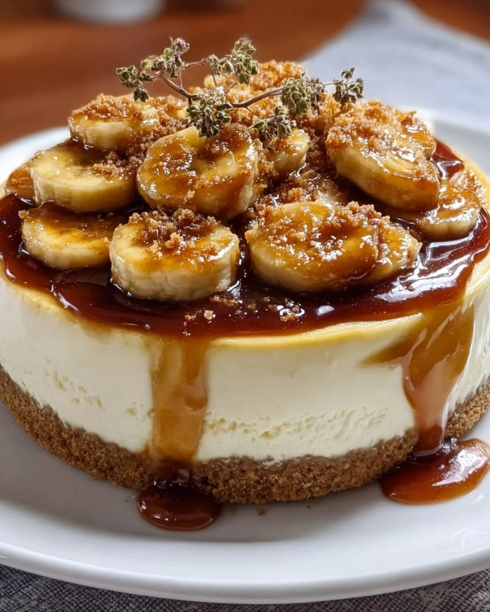 Delicious caramelized banana cheesecake with a rich rum glaze