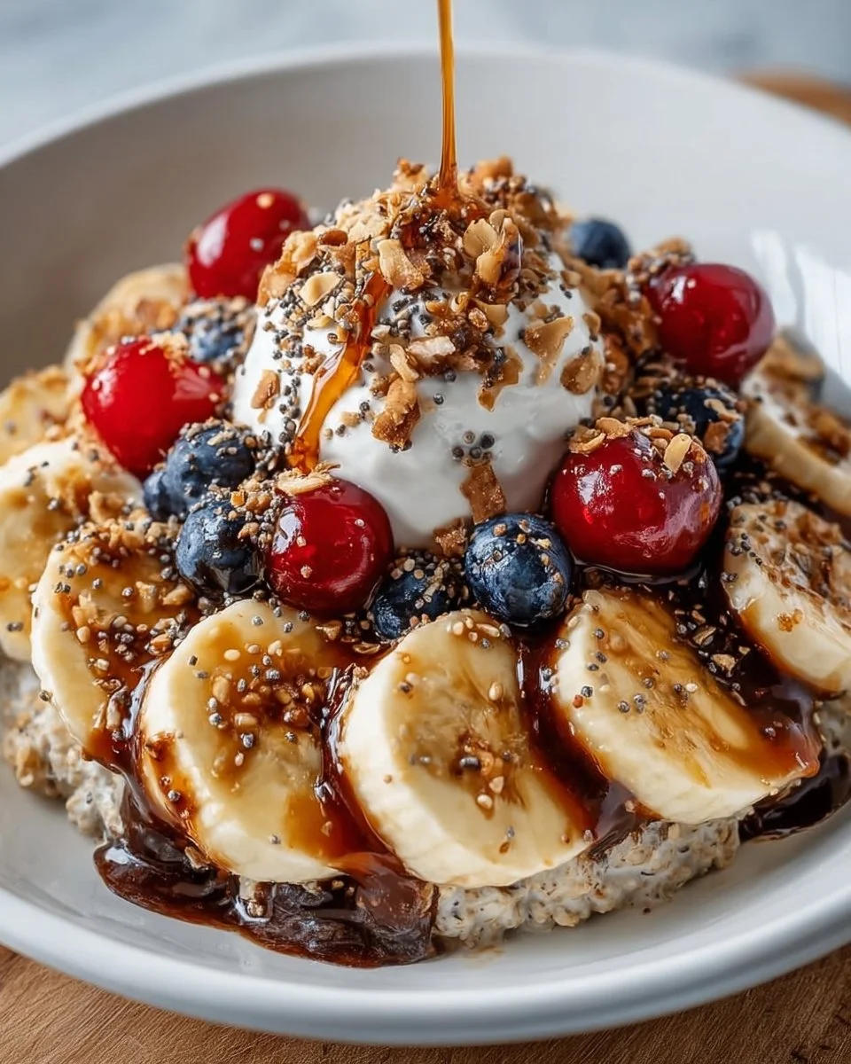 Delicious caramelized banana split oats topped with fruits and nuts.