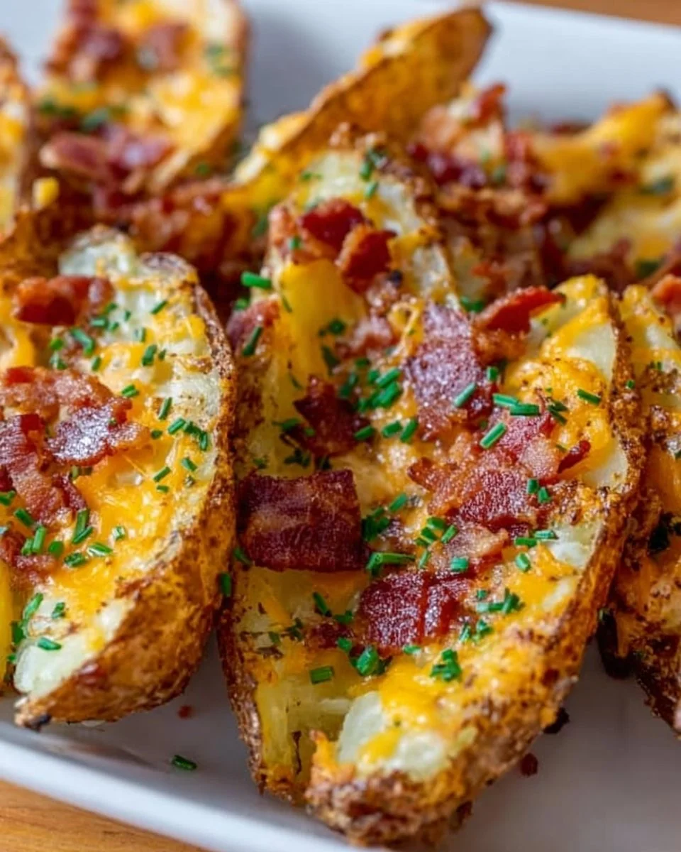 Crispy Cheddar Bacon Potato Wedges topped with cheese and bacon bits