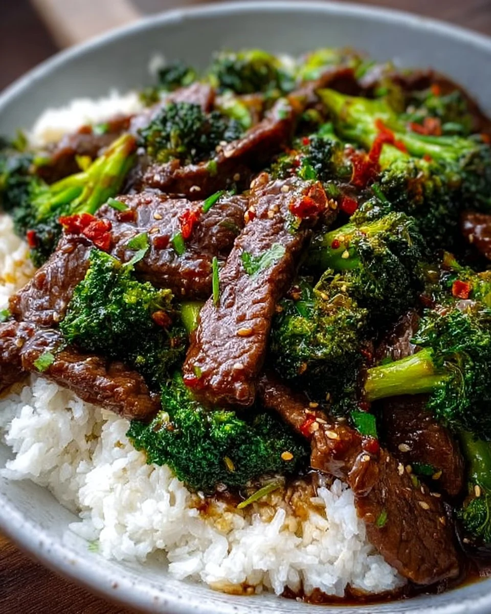 Delicious Chinese beef and broccoli stir-fry served with rice