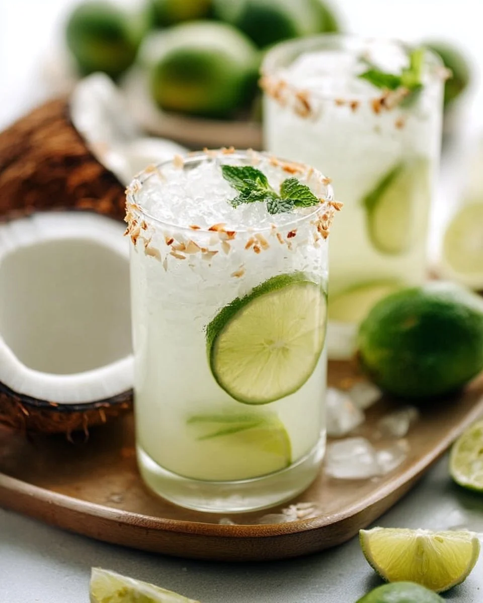 Coconut Lime Refresher drink in a glass with lime slices and coconut garnish