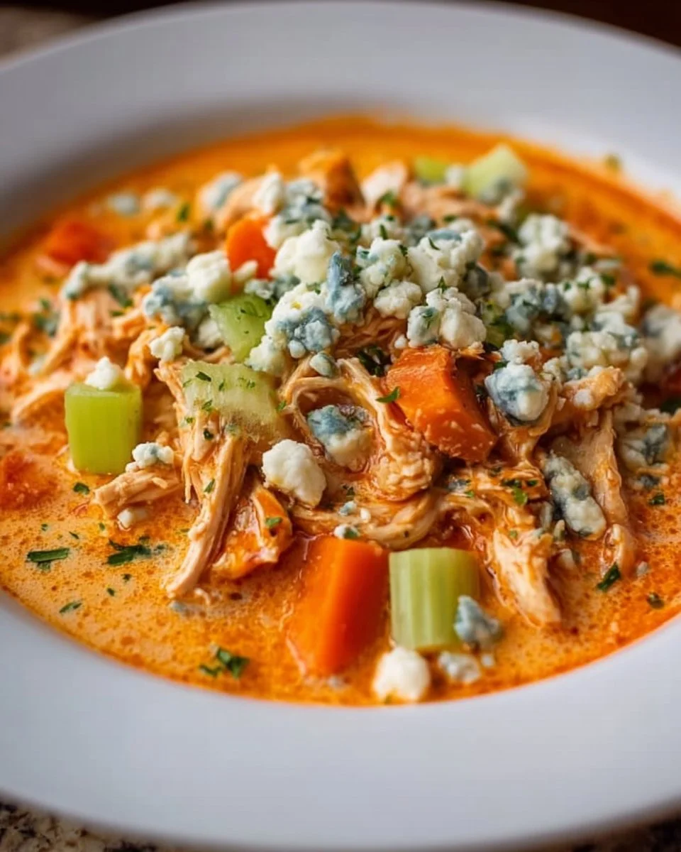 Creamy Buffalo Blue Cheese Chicken Soup in a bowl