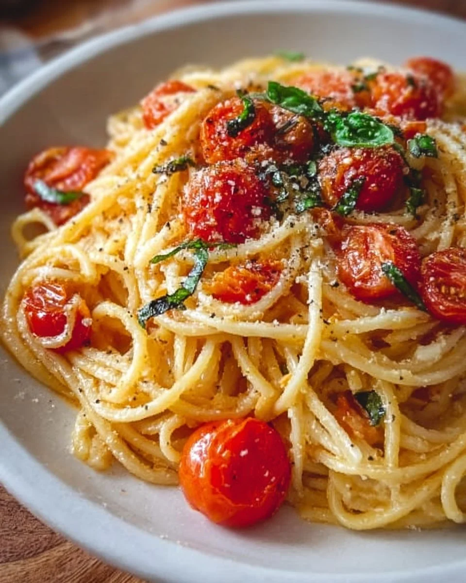 Creamy fresh tomato garlic pasta topped with basil and parmesan