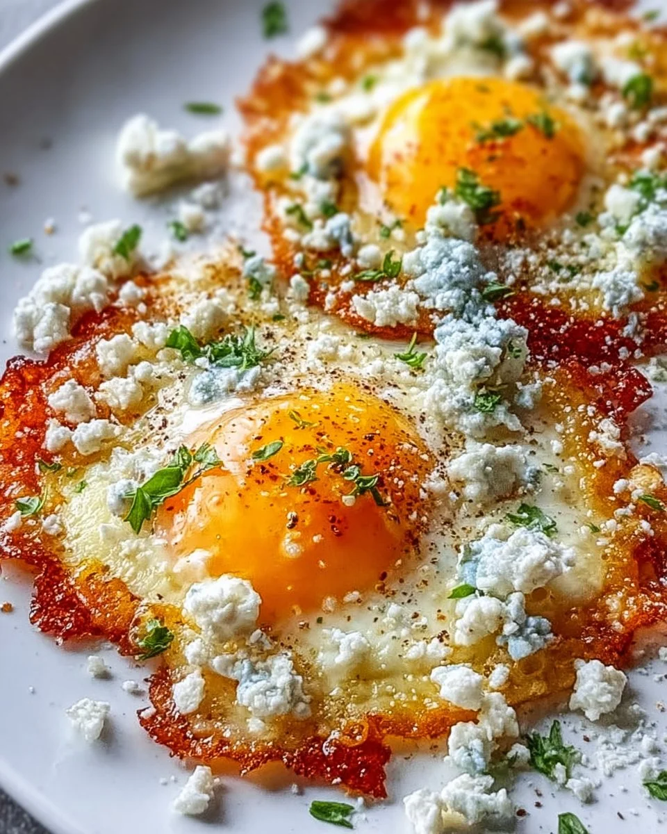 A plate of crispy feta fried eggs garnished with herbs and spices