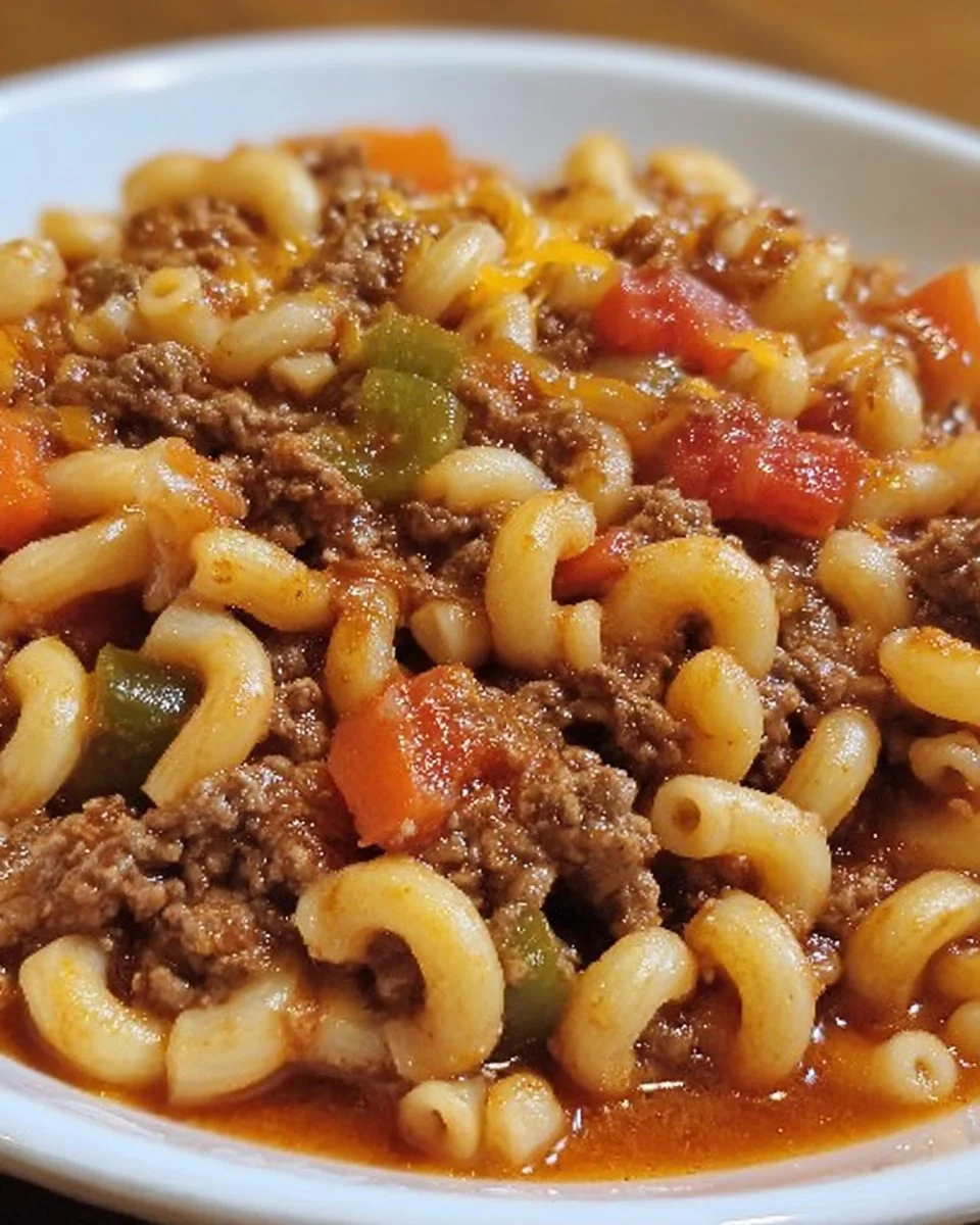Delicious bowl of Crockpot Goulash with pasta and spices