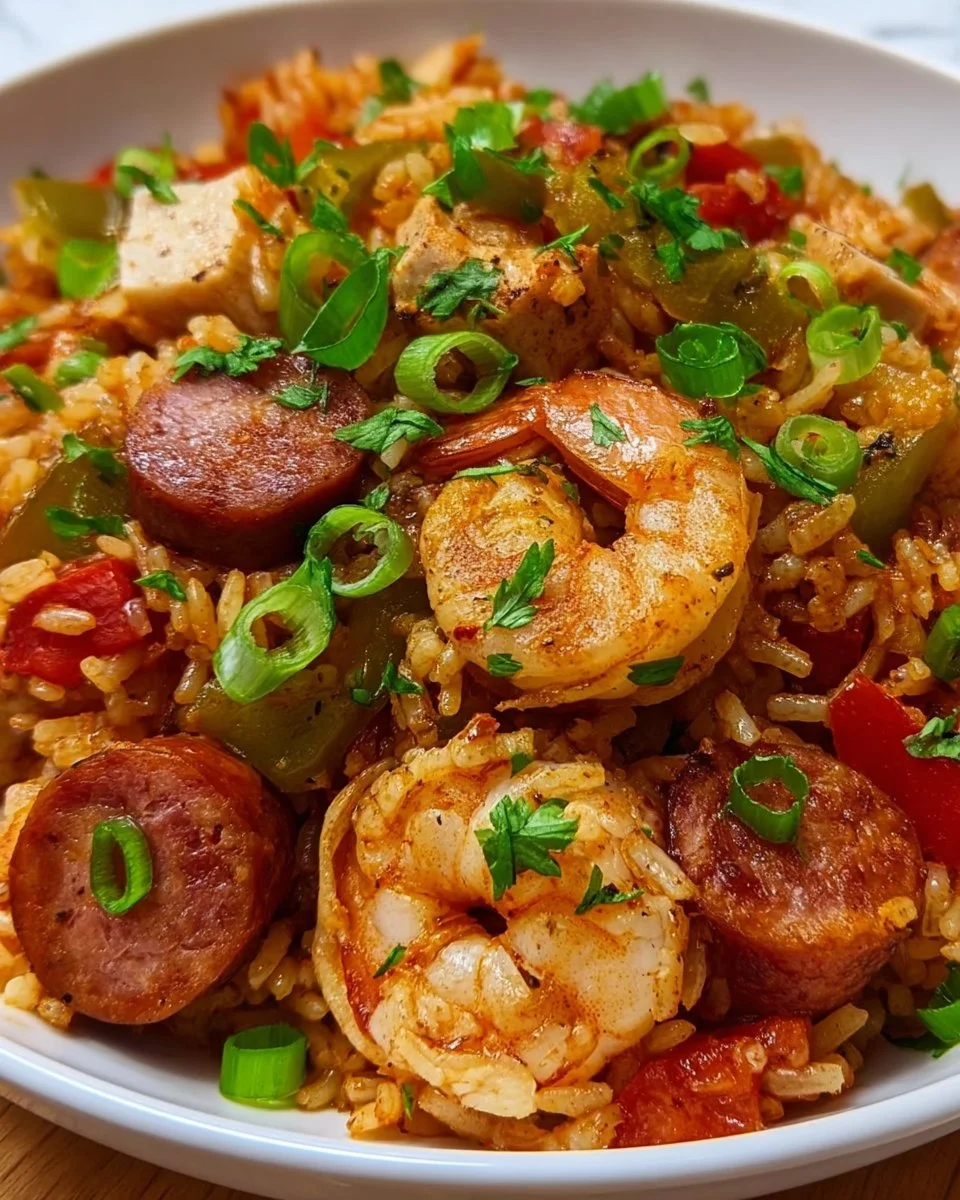 A bowl of flavorful Crockpot Jambalaya with shrimp, sausage, and rice.