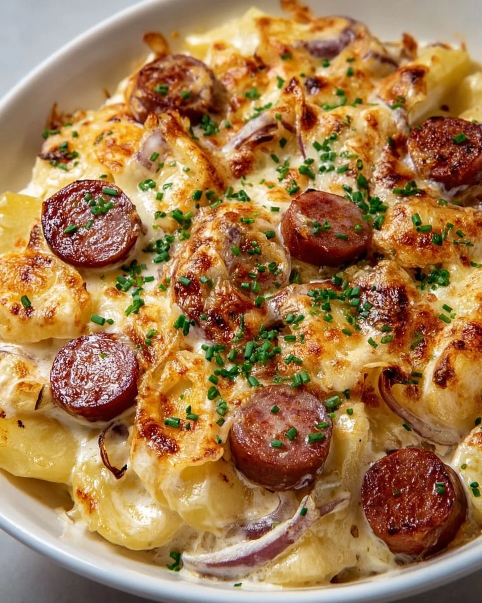 Delicious crockpot pierogi casserole with kielbasa served in a dish