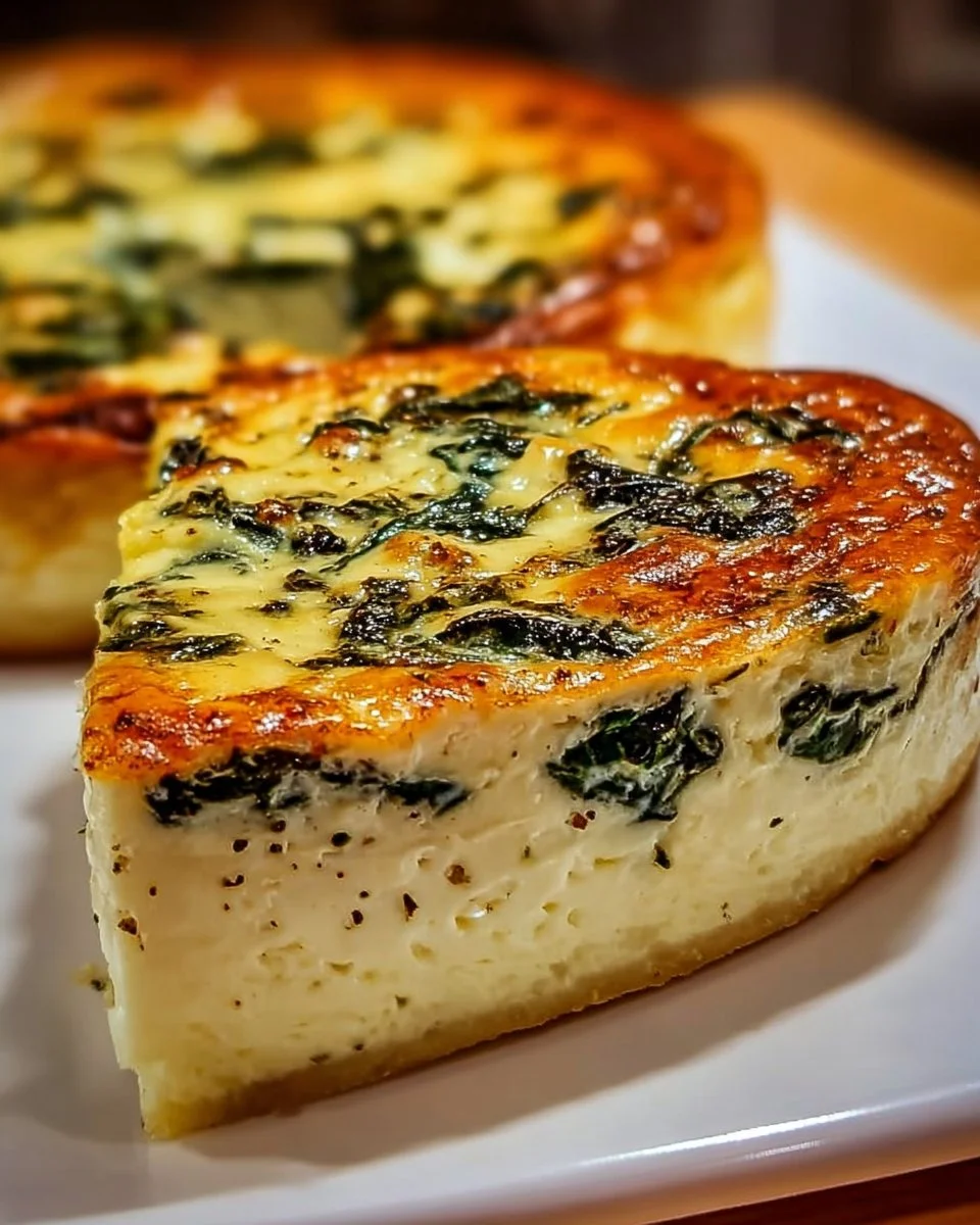 Crustless cottage cheese and spinach quiche served warm