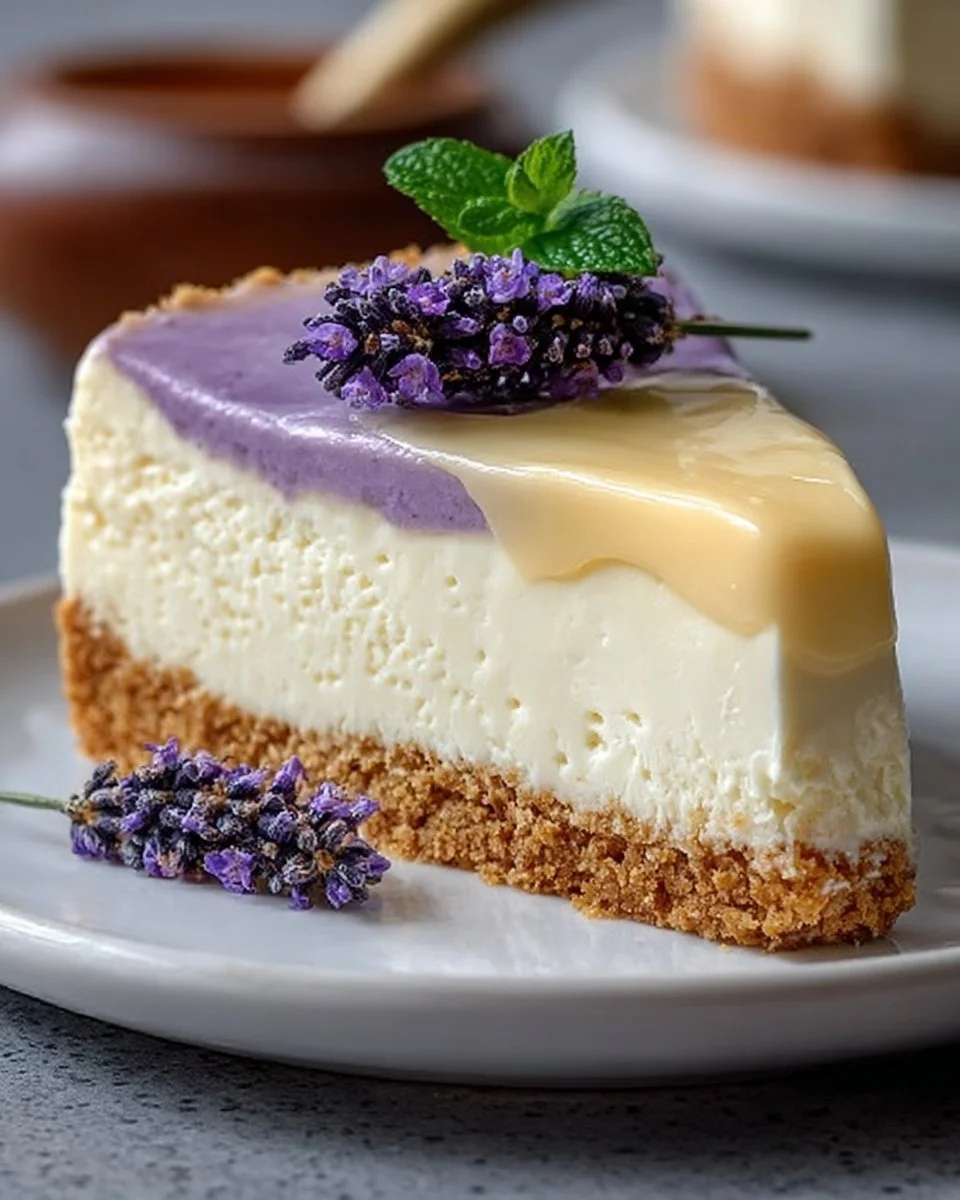 Slice of honey lavender cheesecake topped with fresh lavender and honey drizzle