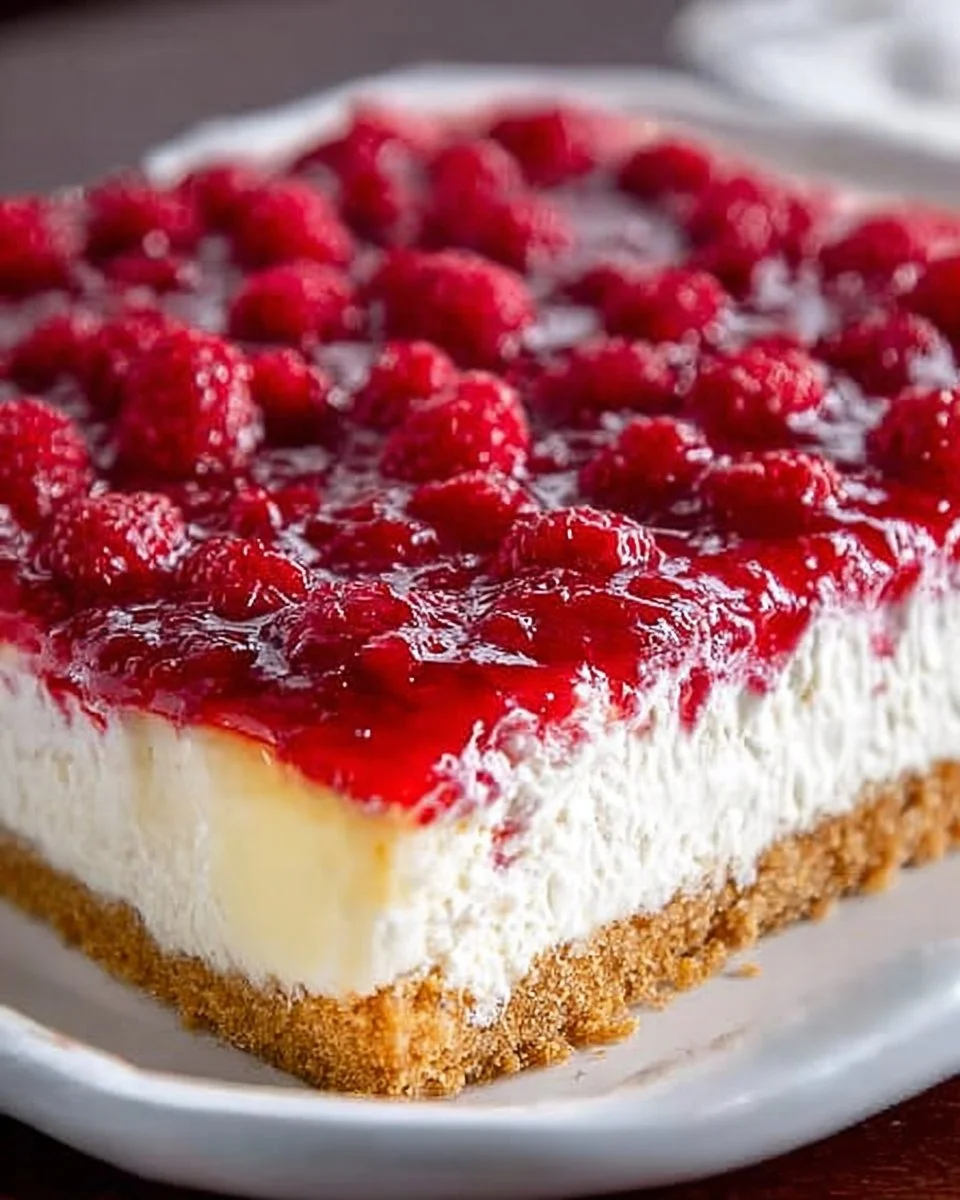 Slice of dreamy raspberry cheesecake with fresh raspberries on top