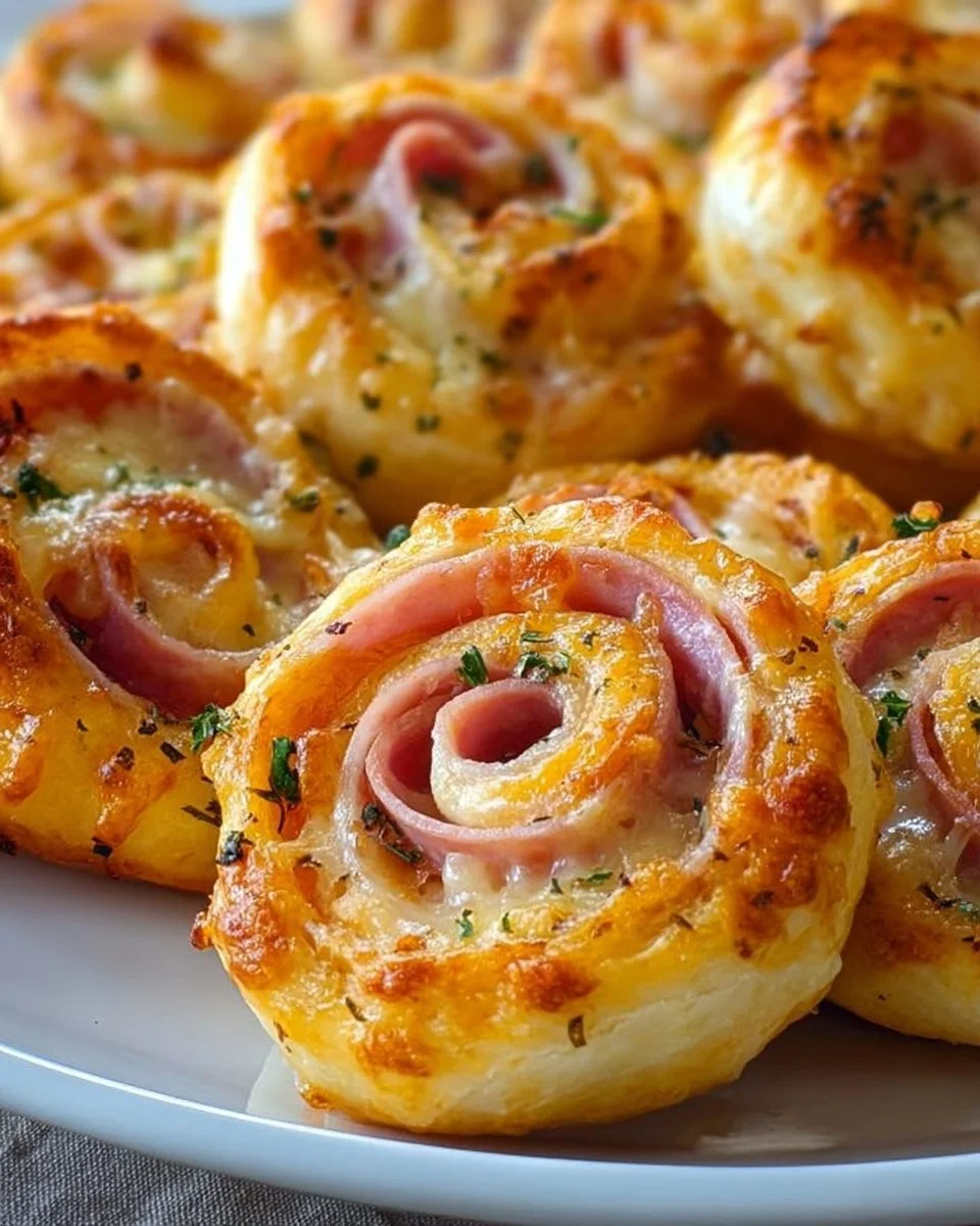 Easter Ham and Cheddar Pinwheels on a platter ready for serving.