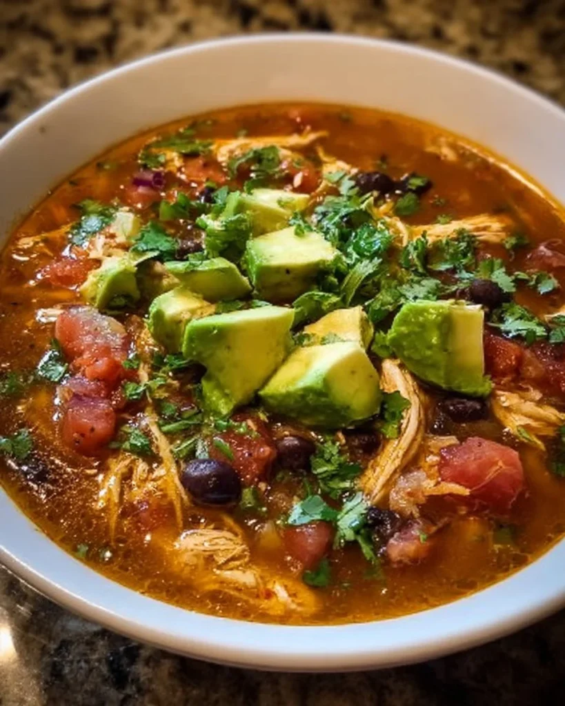 Bowl of Easy Spicy Mexican Chicken Soup topped with fresh herbs