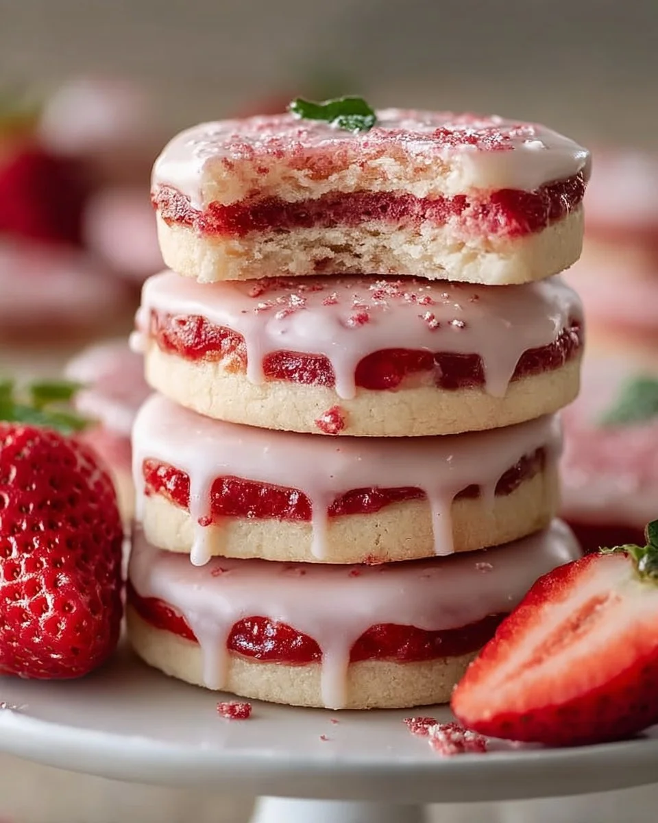 A plate of easy strawberry shortbread cookies garnished with fresh strawberries