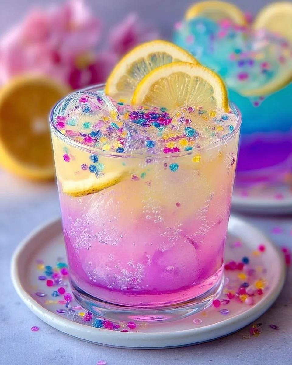 A vibrant glass of Enchanted Unicorn Lemonade topped with colorful fruit garnishes.