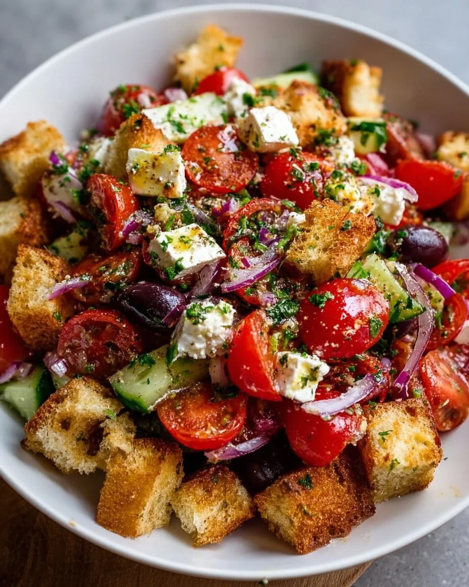 Feta Tomato Olive Salad with garlicky croutons, a fresh Mediterranean side dish.