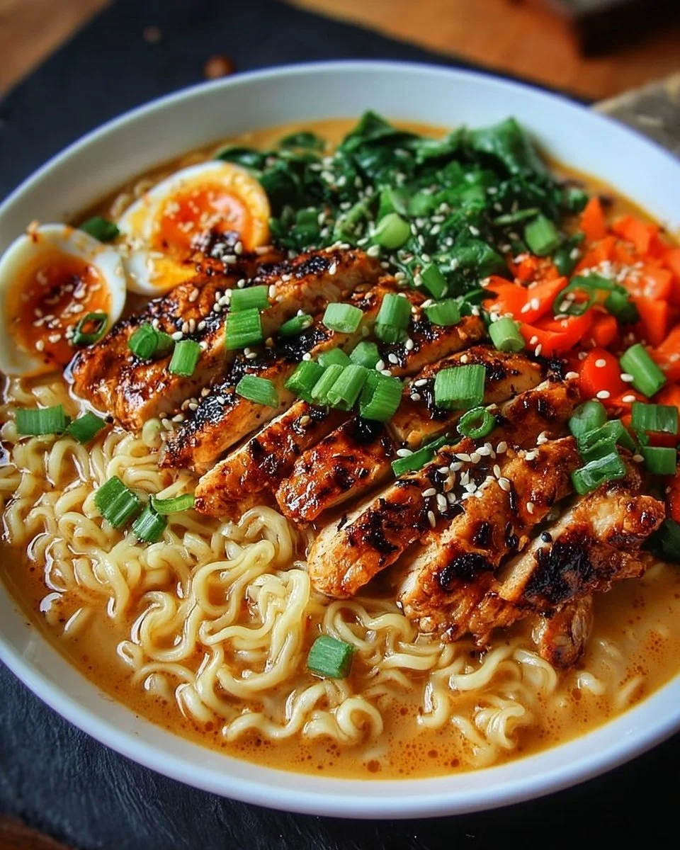Bowl of fiery chicken ramen with spicy broth and garnishments