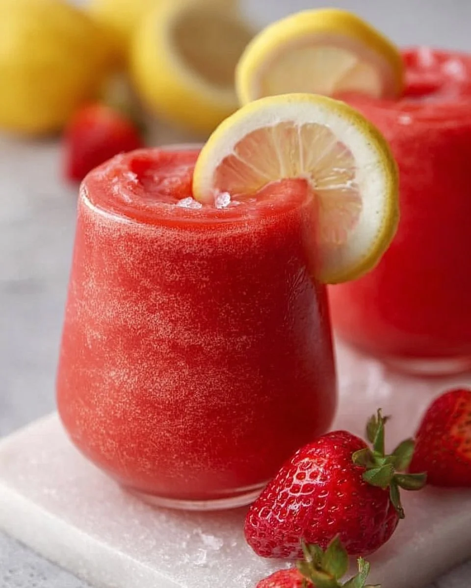Frosty glass of frozen strawberry lemonade with fresh strawberries and lemon slices