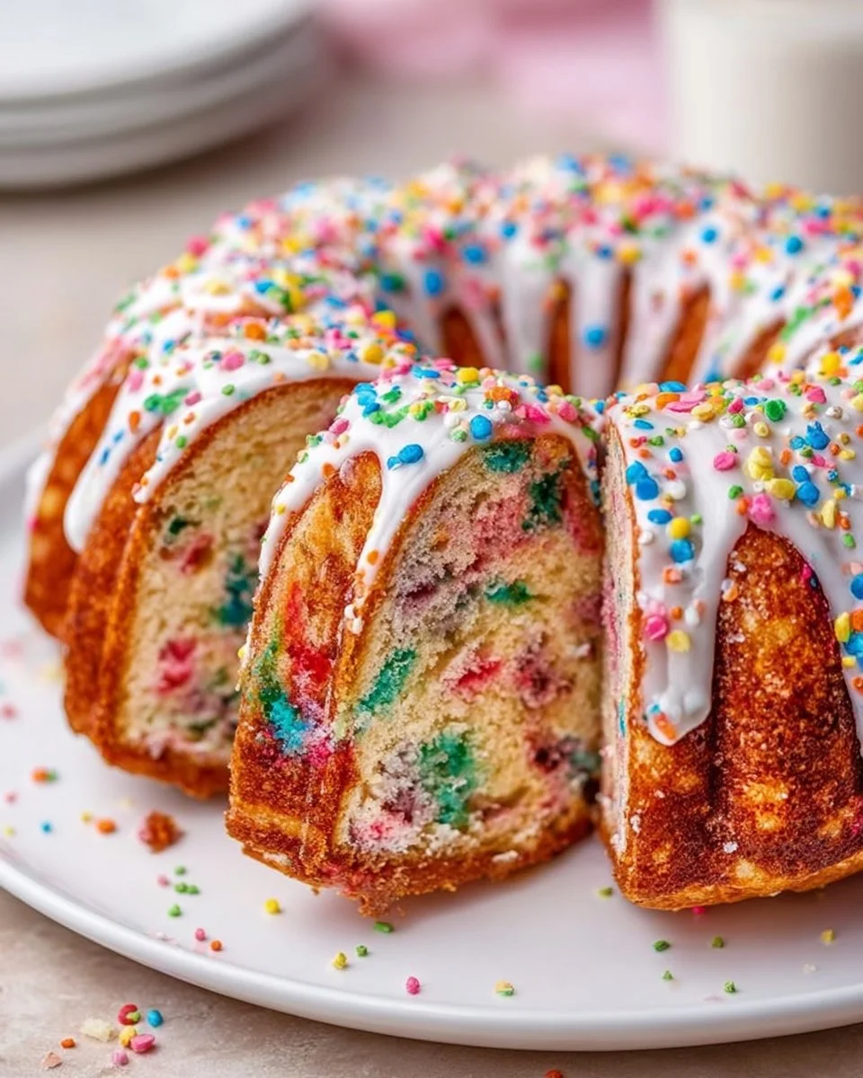 Delicious Funfetti Bundt Cake topped with colorful sprinkles