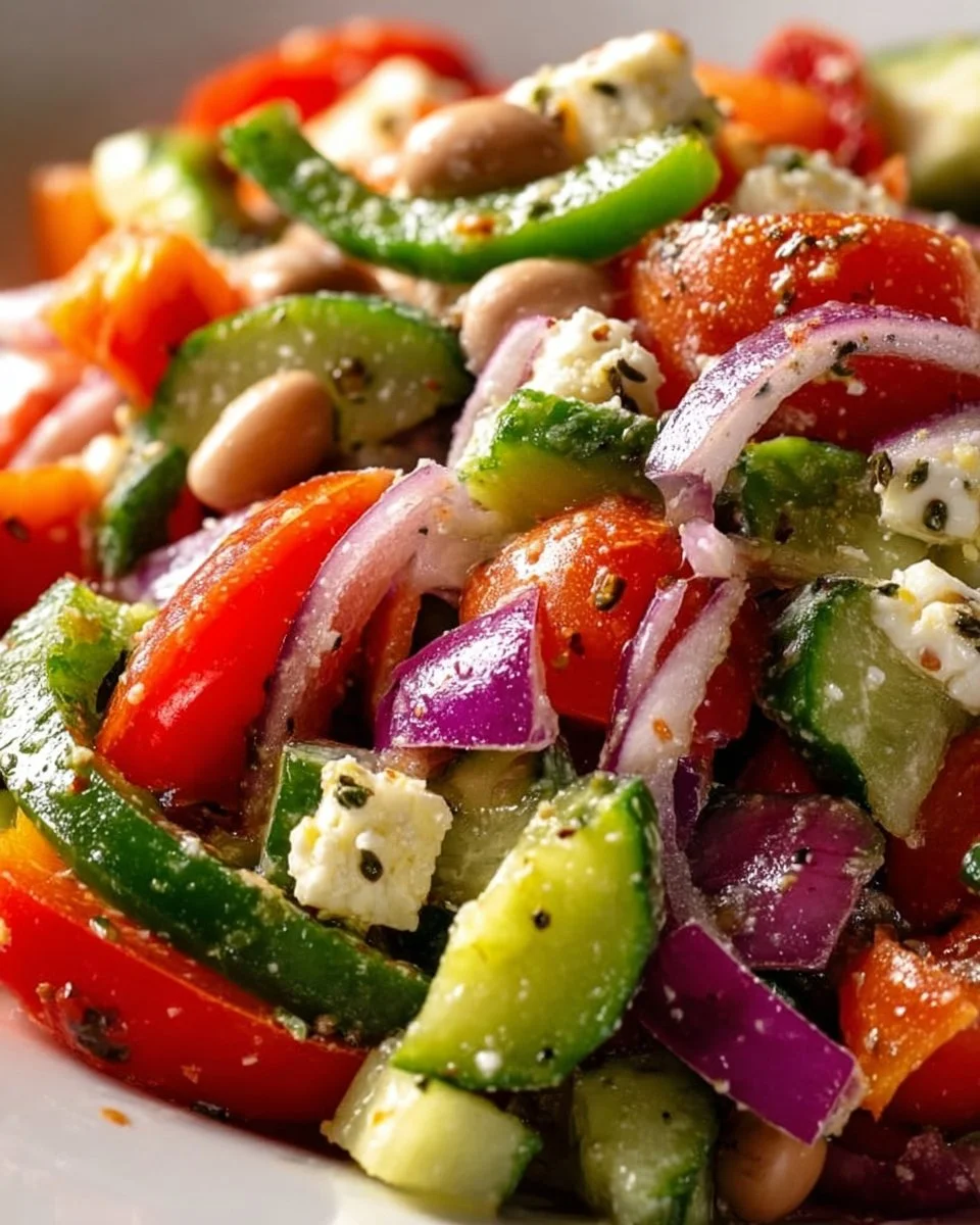 Delicious Greek Bean Salad featuring marinated beans and fresh vegetables.