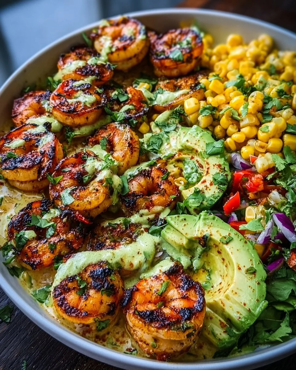 A delicious grilled shrimp bowl topped with fresh vegetables and spices.