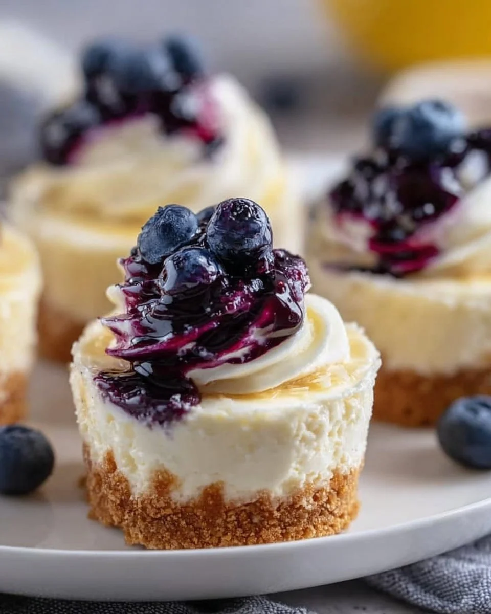 Healthy mini lemon blueberry cheesecakes topped with fresh blueberries.