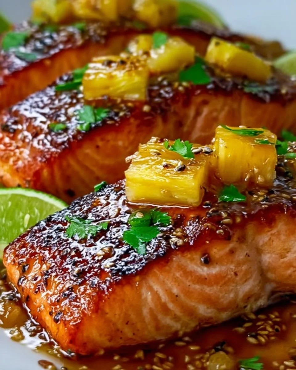 Honey Pineapple Glazed Salmon on a plate garnished with pineapple slices.