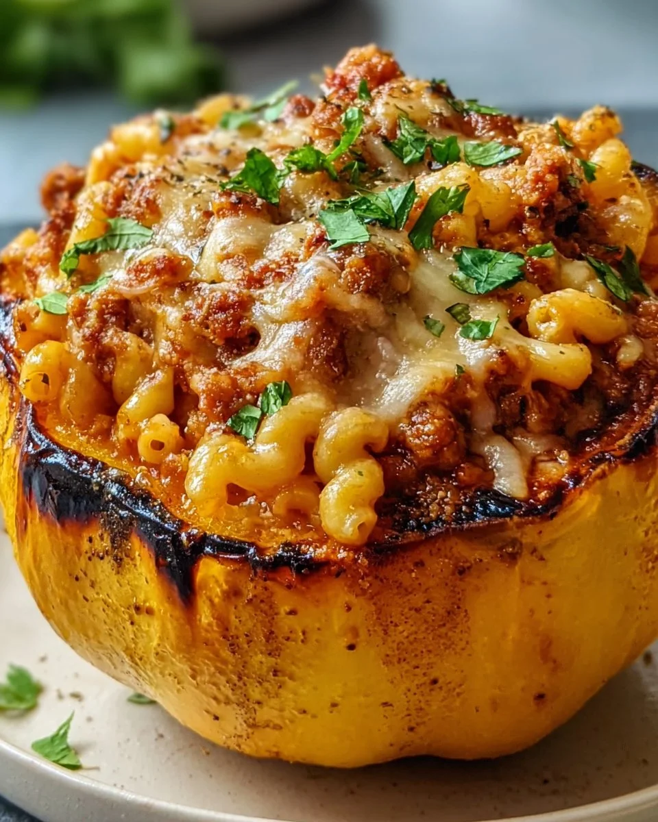 Hot Honey Chili Mac stuffed in a roasted squash for a spicy, hearty meal.