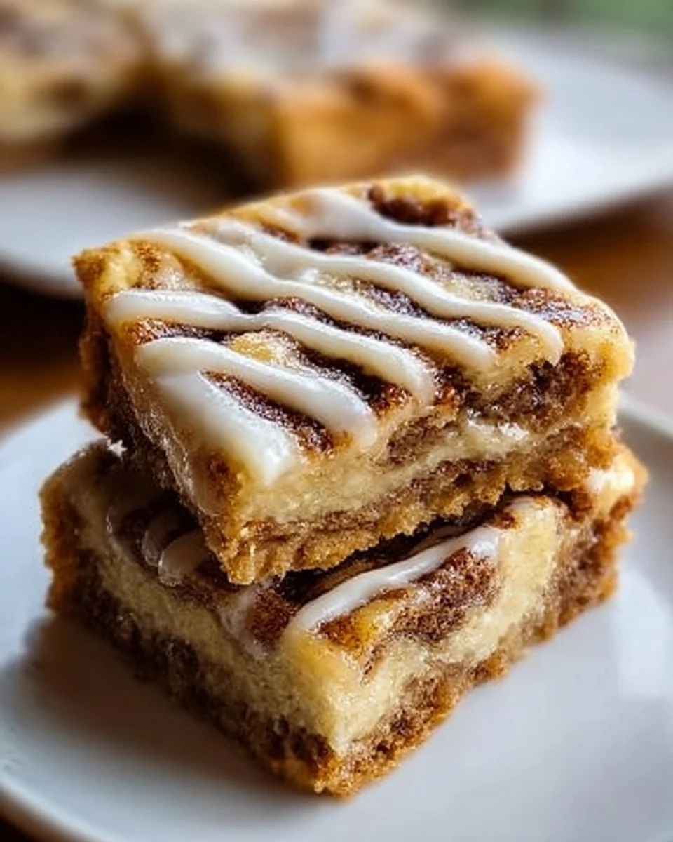 Delicious cinnamon roll bliss bars topped with icing on a wooden table