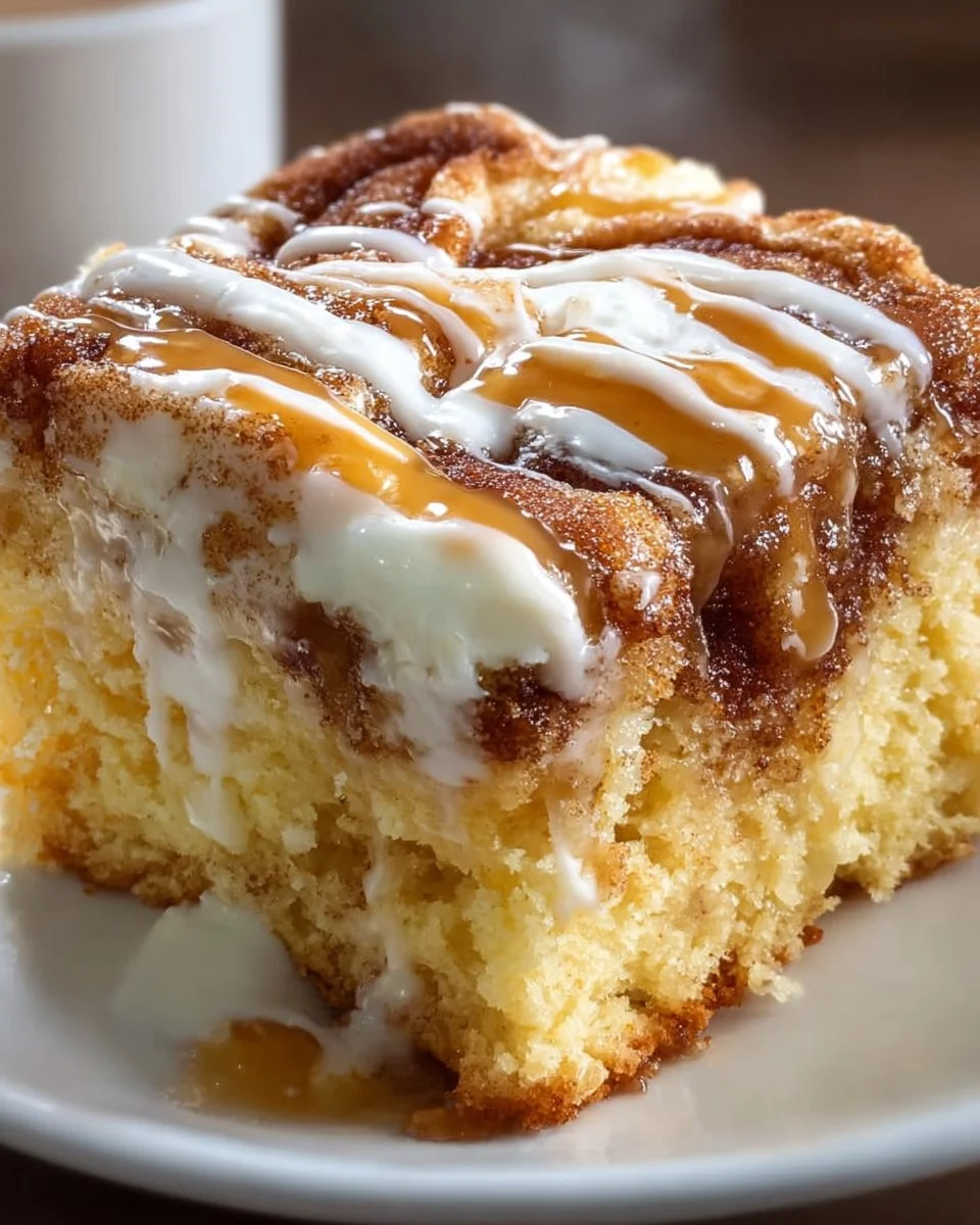 Irresistible cinnamon roll poke cake topped with icing and cinnamon swirls