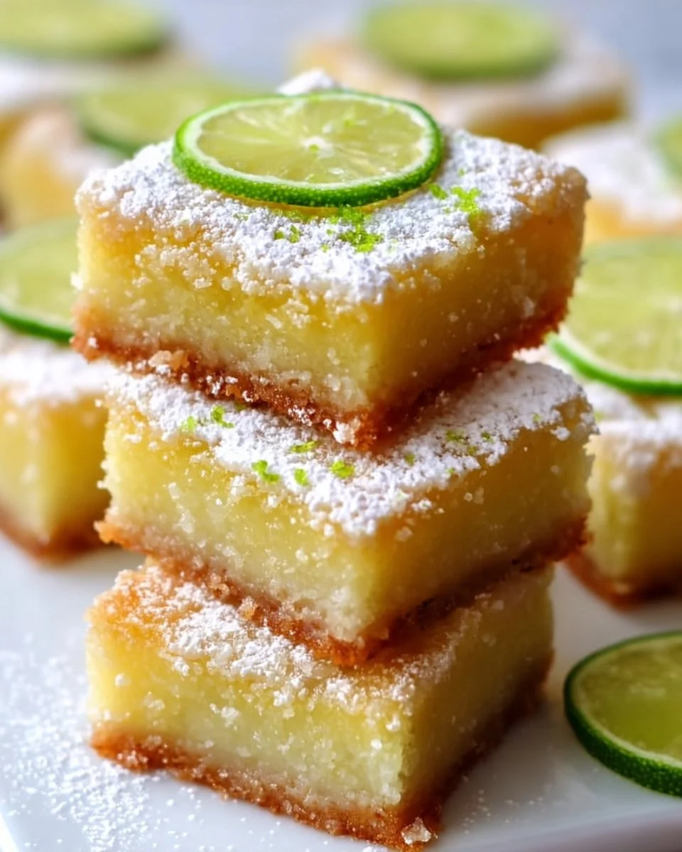 Delicious Key Lime Bars garnished with lime slices on a white plate.