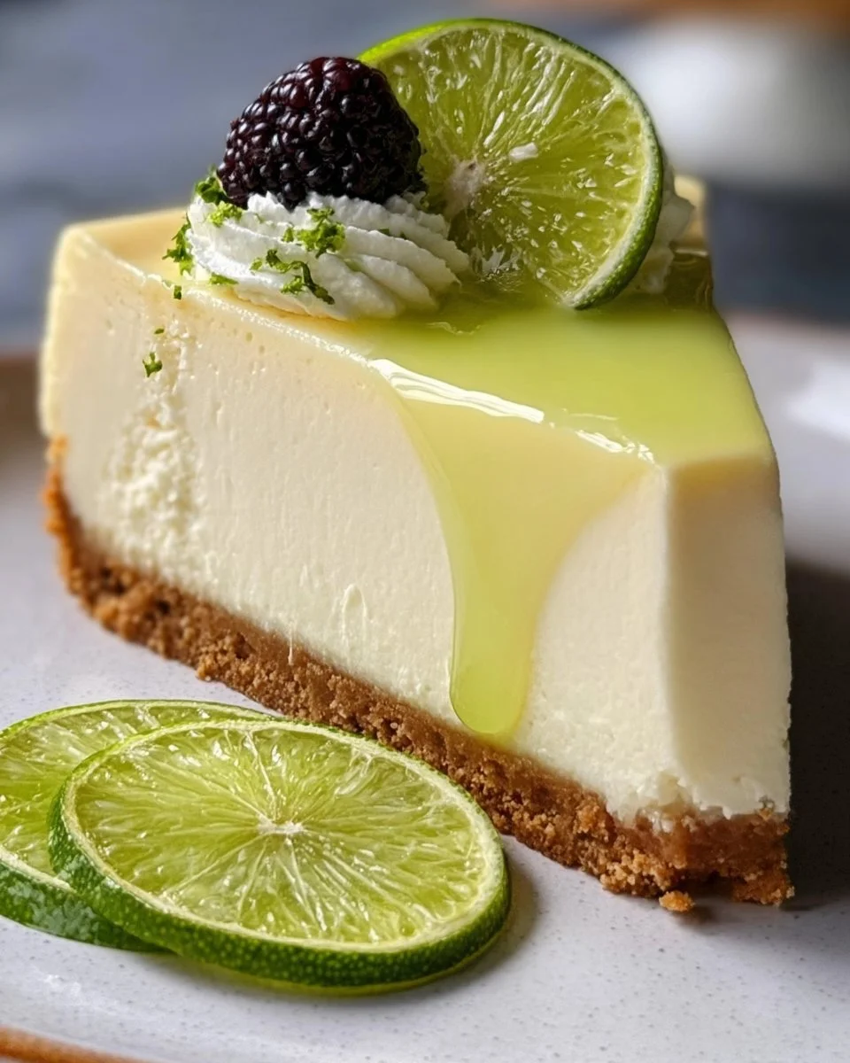Lime mousse cheesecake topped with lime zest and whipped cream.