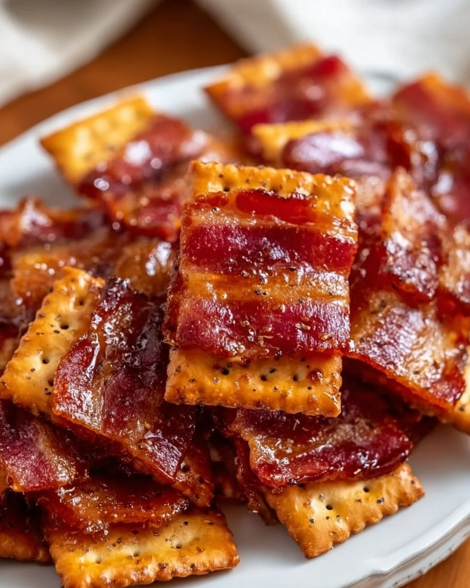 Maple Candied Bacon Crackers, a sweet and savory snack treat perfect for parties.