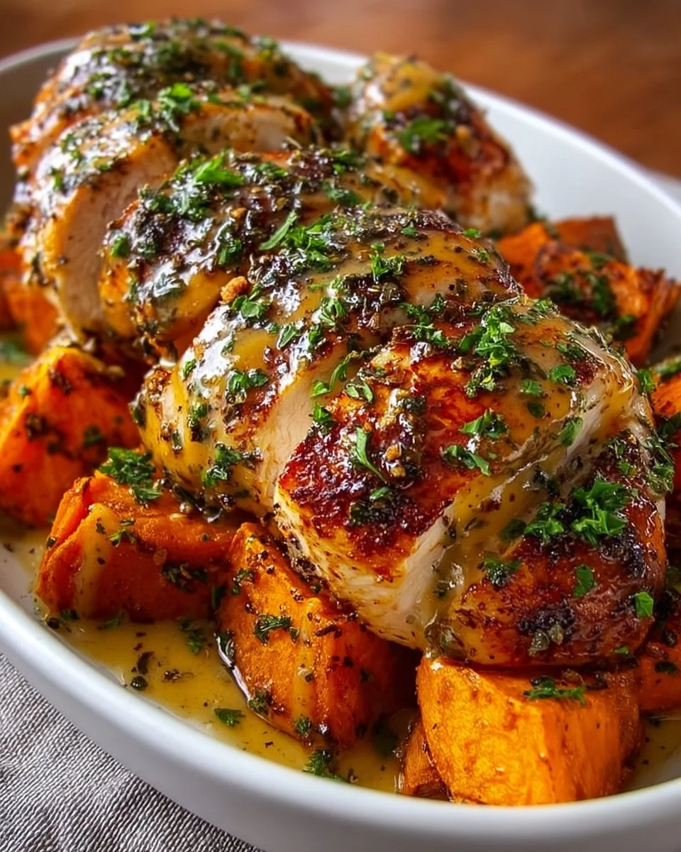 Maple Dijon Chicken served over sweet potato bowls, a healthy and tasty meal.