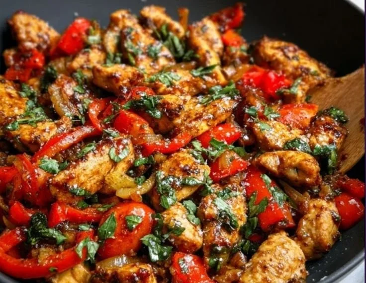 Mediterranean Chicken stir fry with colorful vegetables in a skillet