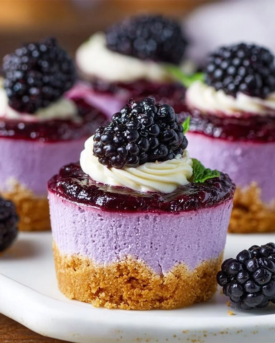 Mini Blackberry Lavender Cheesecakes topped with fresh blackberries and lavender sprigs.