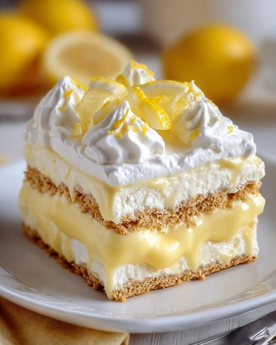 No-Bake Lemon Éclair Cake topped with lemon frosting and citrus zest