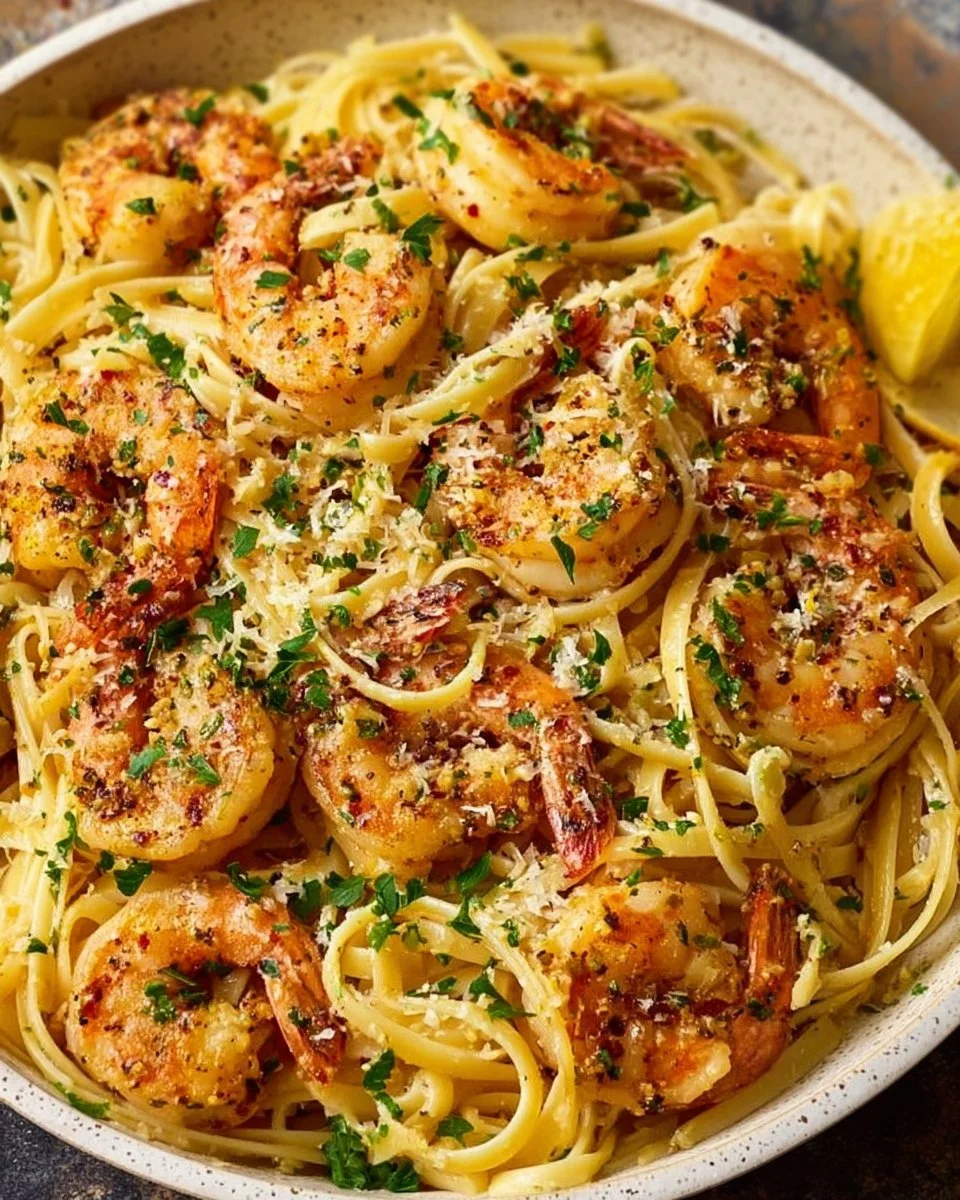 Delicious bowl of Old Bay garlic shrimp pasta garnished with herbs