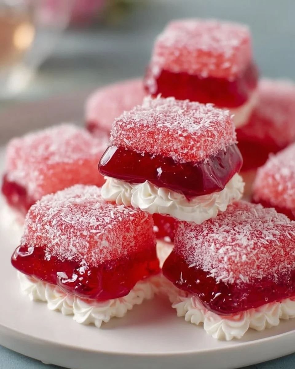 Old-fashioned pink jelly cakes on a white plate with decorative icing