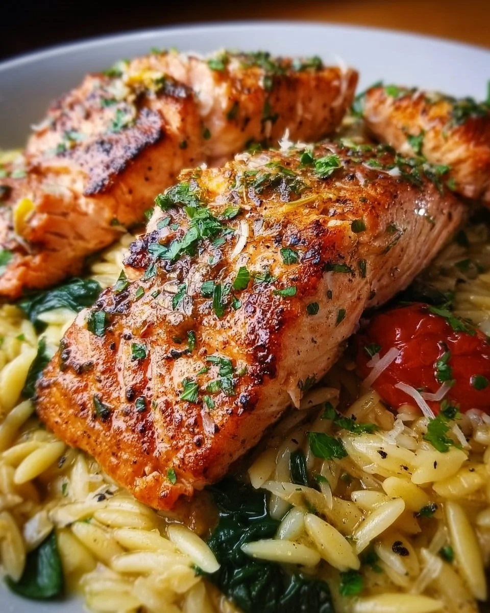 One skillet salmon served with lemon orzo in a vibrant dish
