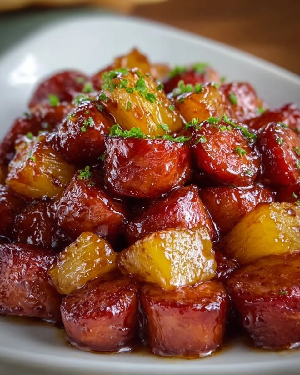 Pineapple Brown Sugar Mississippi Little Smokies bites served on a platter