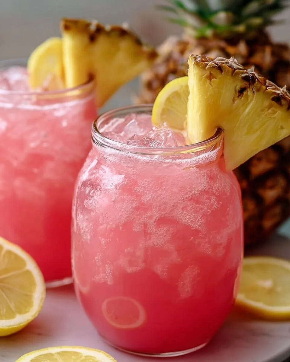 A refreshing glass of pineapple pink lemonade with colorful garnishes