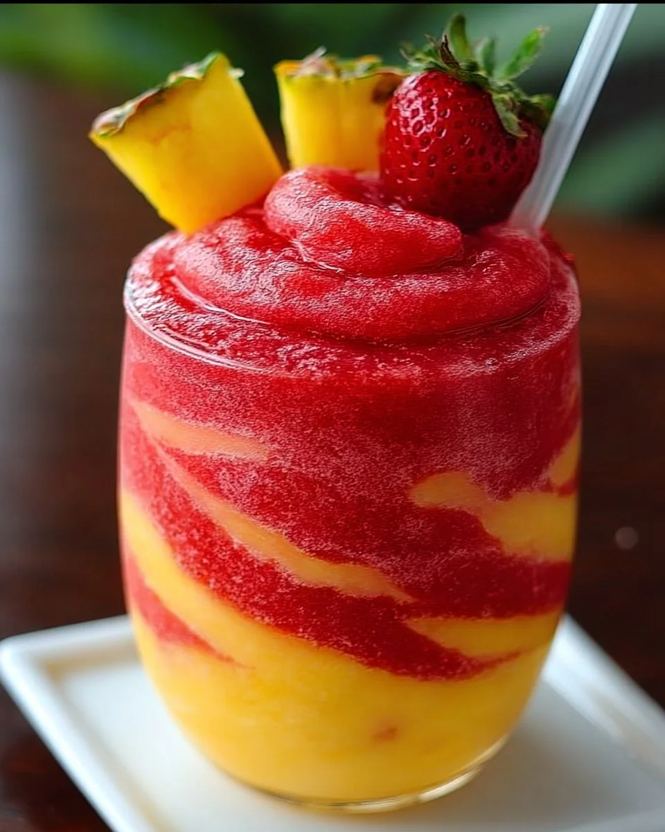 Pineapple Strawberry Swirled Slushies in glasses with colorful straws