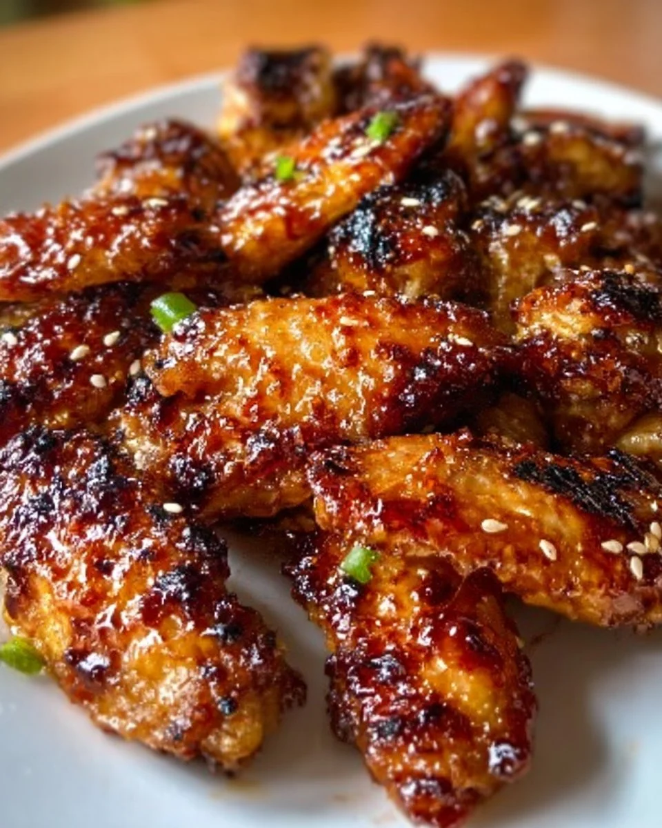 Pineapple-teriyaki chicken wings garnished with green onions on a plate