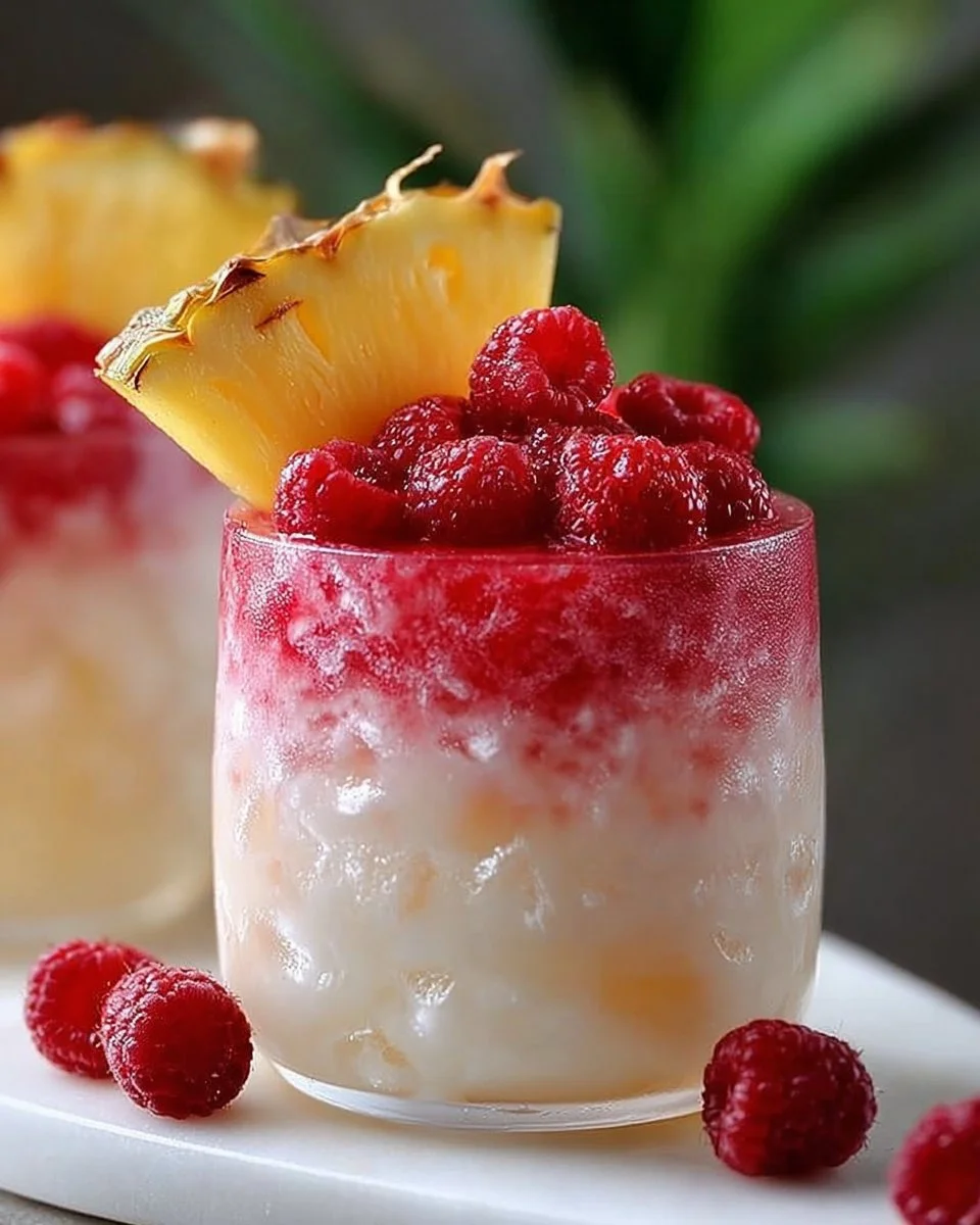 Raspberry Colada Twist drink with raspberries and coconut garnish